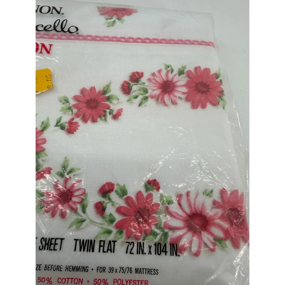 Cannon Monticello Flat Sheet Twin White Pink Floral Daisy No-Iron Vintage USA